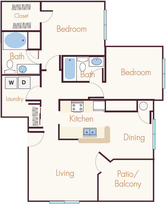 Floor plan for 2 beds, 2 baths, 1081 sqft